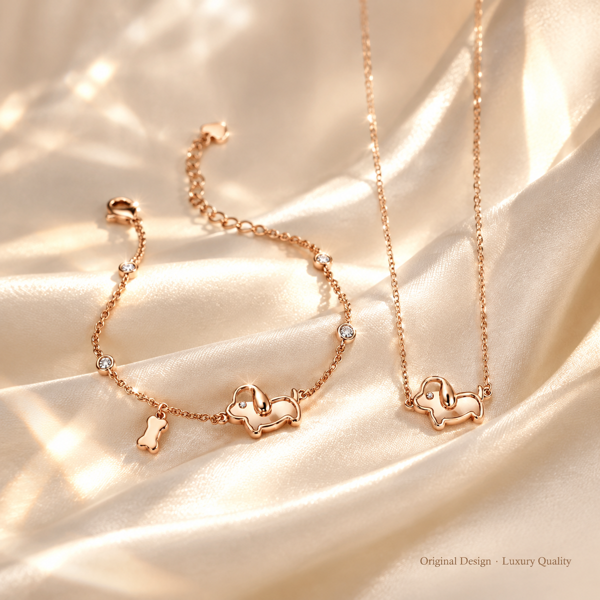 Rose Gold Tone Cute Puppy Necklace & Bracelet Jewelry Set, Enamel Dog Pendant Matching Jewellery Set for Women