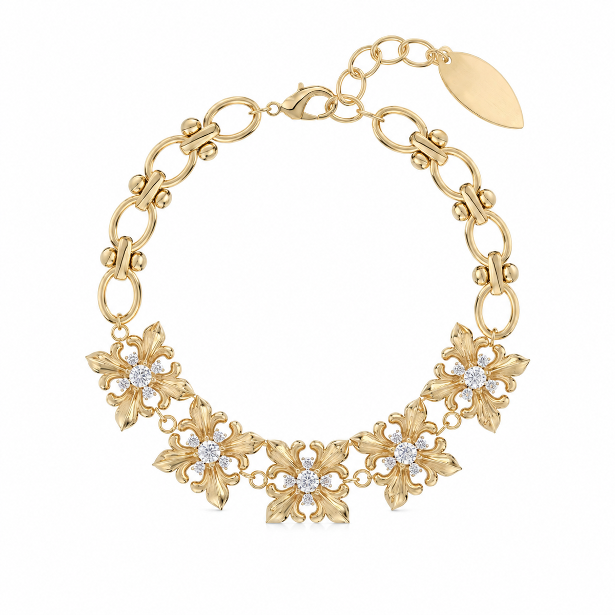 Gold Tone Vintage Floral Rhinestone Bracelet, Statement Flower Crystal Chain Bracelet for Women, Adjustable Elegant Bracelet