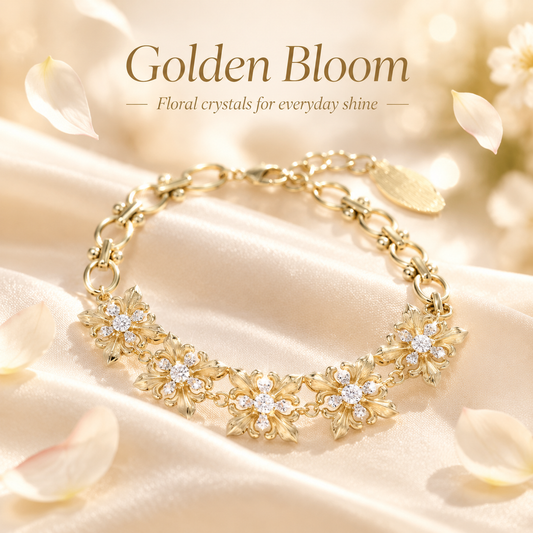 Gold Tone Vintage Floral Rhinestone Bracelet, Statement Flower Crystal Chain Bracelet for Women, Adjustable Elegant Bracelet