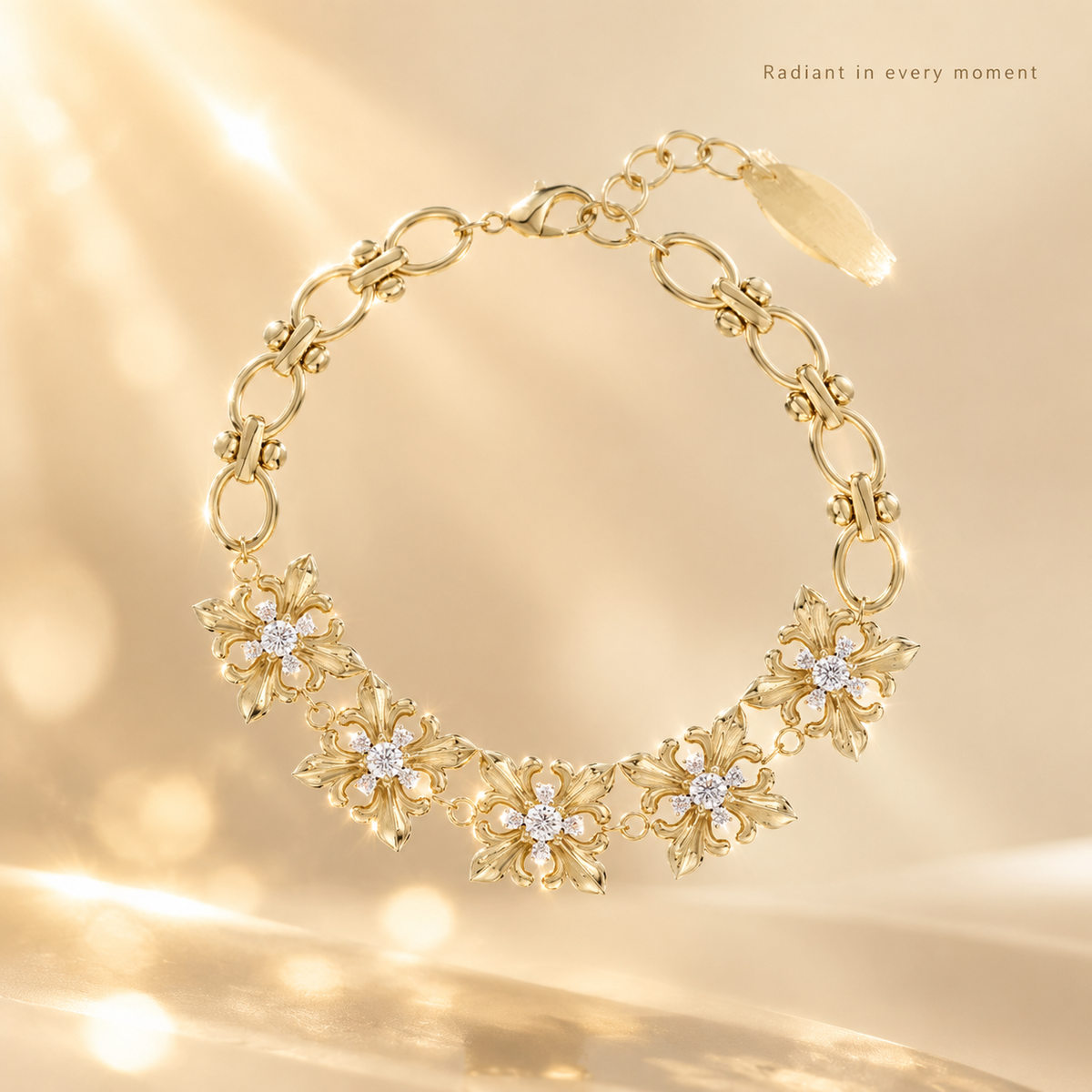 Gold Tone Vintage Floral Rhinestone Bracelet, Statement Flower Crystal Chain Bracelet for Women, Adjustable Elegant Bracelet