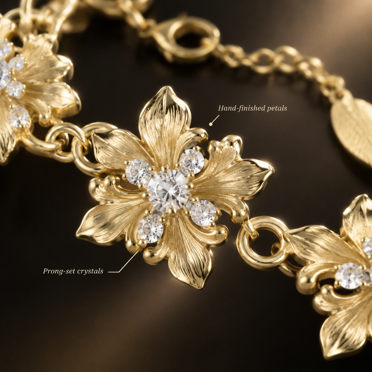 Gold Tone Vintage Floral Rhinestone Bracelet, Statement Flower Crystal Chain Bracelet for Women, Adjustable Elegant Bracelet