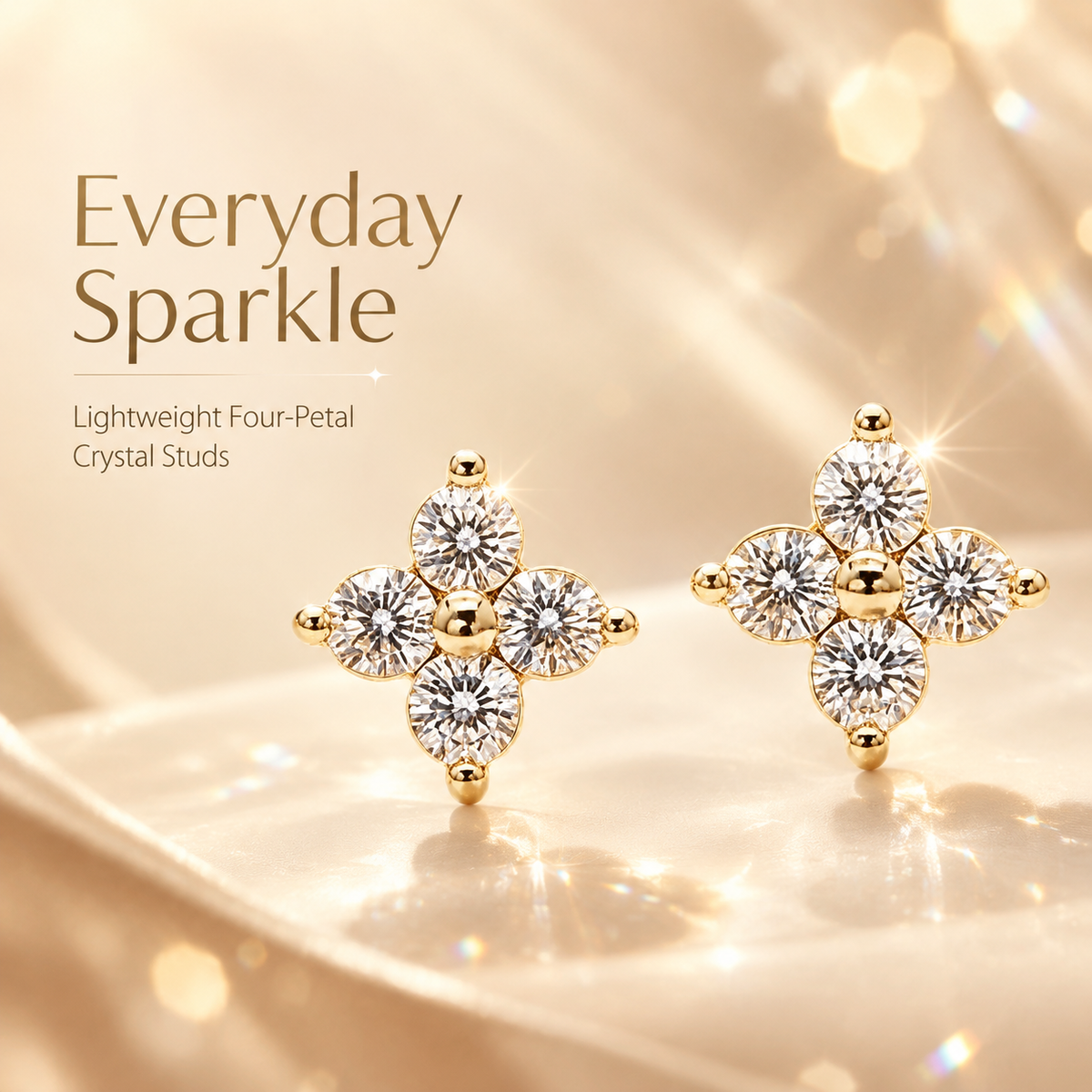 Gold Tone Four-Petal Flower Crystal Stud Earrings, Sparkling Rhinestone Floral Earrings for Women, Elegant Daily Statement Earrings
