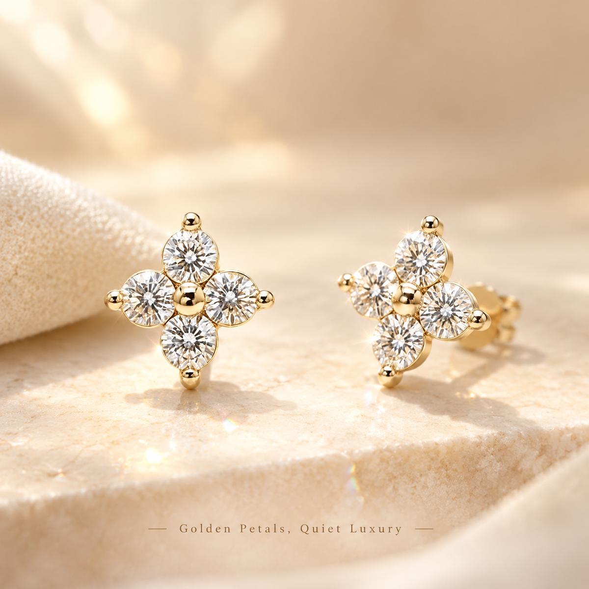 Gold Tone Four-Petal Flower Crystal Stud Earrings, Sparkling Rhinestone Floral Earrings for Women, Elegant Daily Statement Earrings