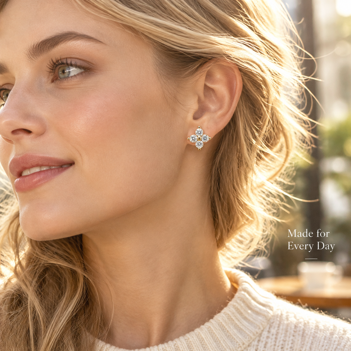 Gold Tone Four-Petal Flower Crystal Stud Earrings, Sparkling Rhinestone Floral Earrings for Women, Elegant Daily Statement Earrings
