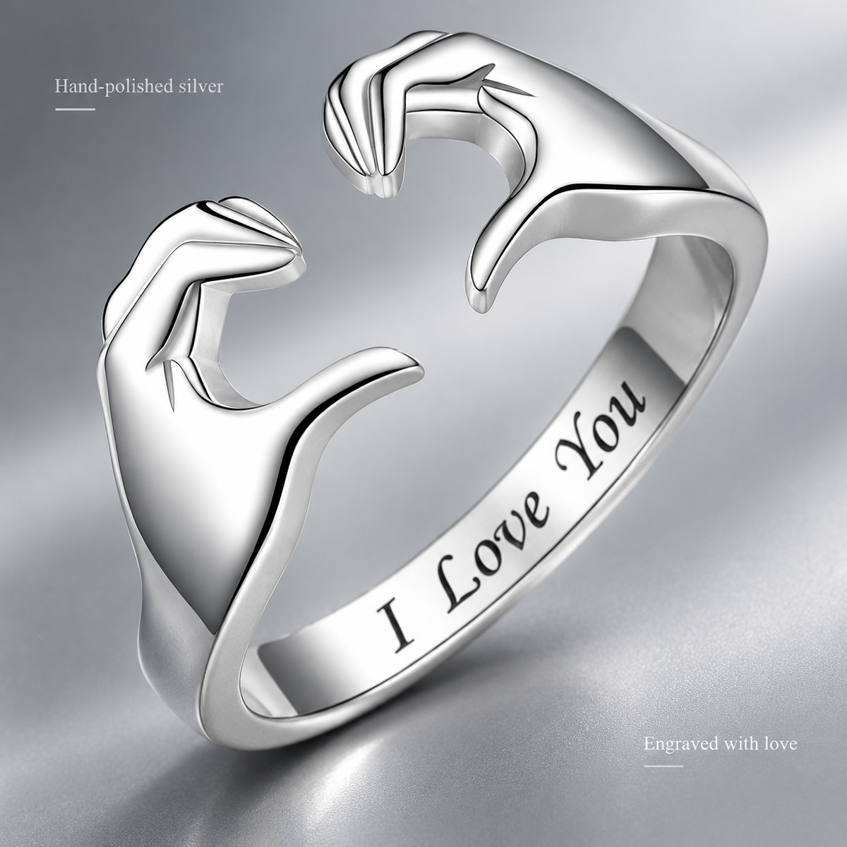 Hug Hands Open Ring Engraved "I Love You", Adjustable Hand Gesture Ring, Sentimental Love Gift for Her