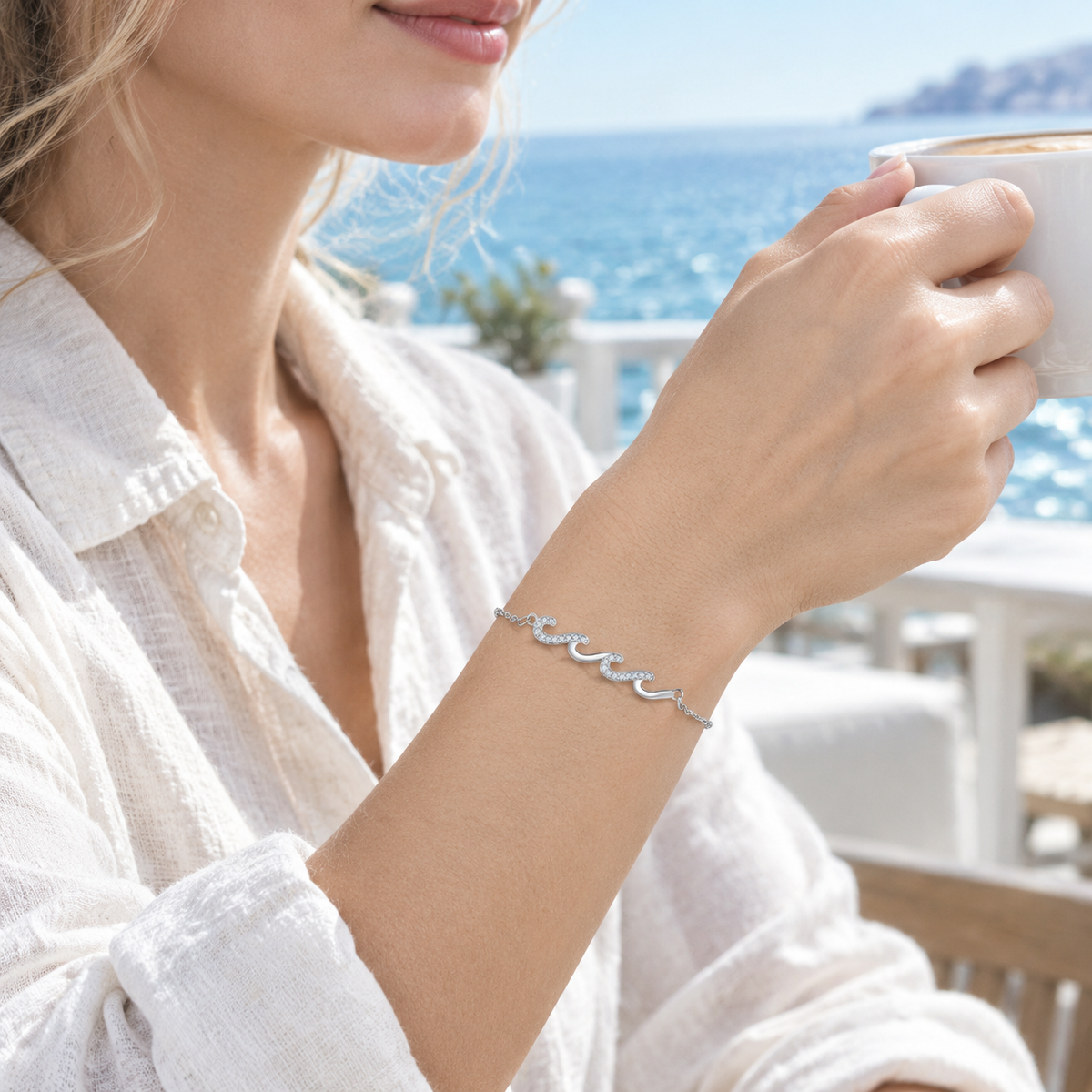 Wave Aqua Crystal Bracelet, Gold Tone Ocean Wave Blue Cubic Zirconia Adjustable Chain Bracelet for Women