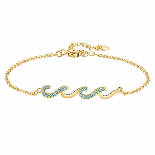 Wave Aqua Crystal Bracelet, Gold Tone Ocean Wave Blue Cubic Zirconia Adjustable Chain Bracelet for Women