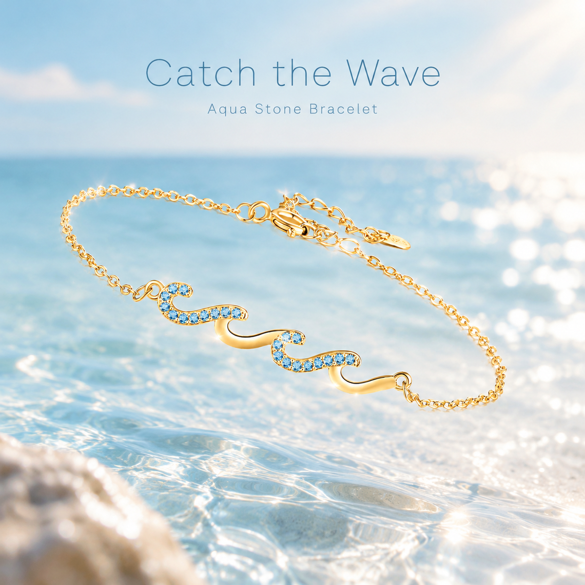 Wave Aqua Crystal Bracelet, Gold Tone Ocean Wave Blue Cubic Zirconia Adjustable Chain Bracelet for Women