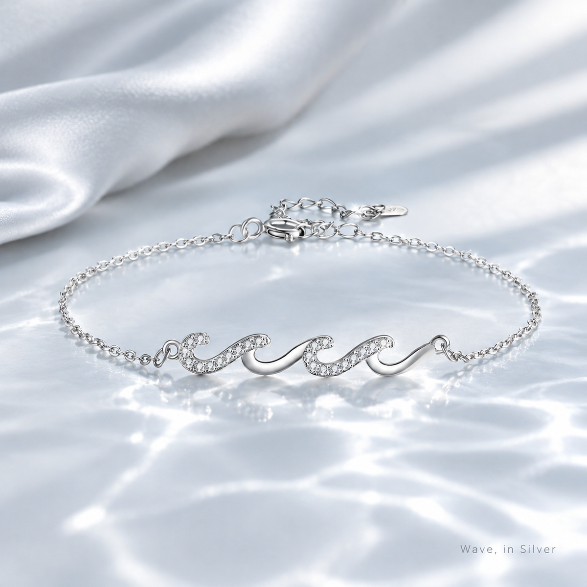 Wave Aqua Crystal Bracelet, Gold Tone Ocean Wave Blue Cubic Zirconia Adjustable Chain Bracelet for Women
