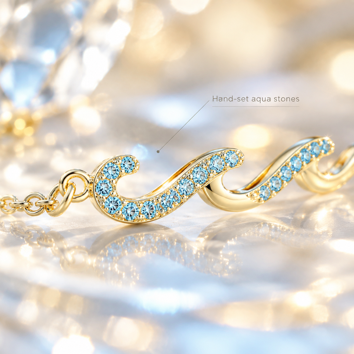 Wave Aqua Crystal Bracelet, Gold Tone Ocean Wave Blue Cubic Zirconia Adjustable Chain Bracelet for Women