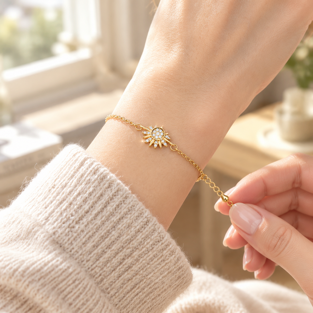 Sun Moon Crystal Bracelet, Gold Sun & Silver Blue Cubic Zirconia Moon Adjustable Chain Bracelet for Women, Celestial Dainty Jewelry Gift
