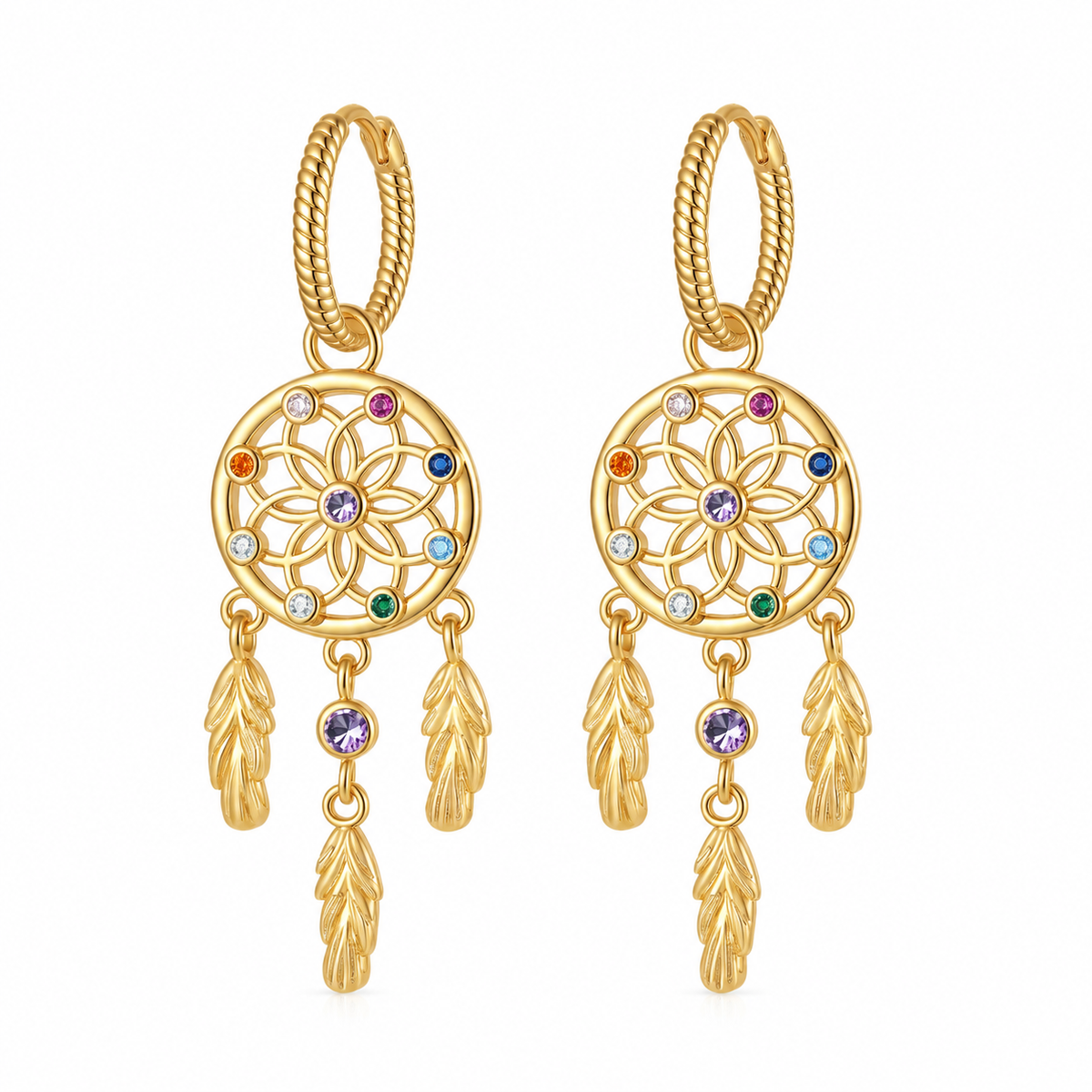 Rainbow Crystal Dreamcatcher Hoop Earrings, Gold & Silver Tone Feather Tassel Dangle Earrings, Boho Bohemian Statement Jewelry Gift for Women