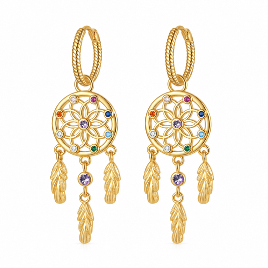 Rainbow Crystal Dreamcatcher Hoop Earrings, Gold & Silver Tone Feather Tassel Dangle Earrings, Boho Bohemian Statement Jewelry Gift for Women
