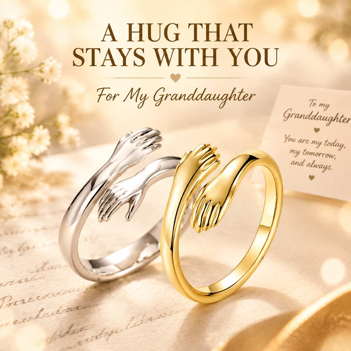 Hug Hands Open Ring for Granddaughter, Adjustable Embrace Ring, Inspirational Gift for Granddaughter