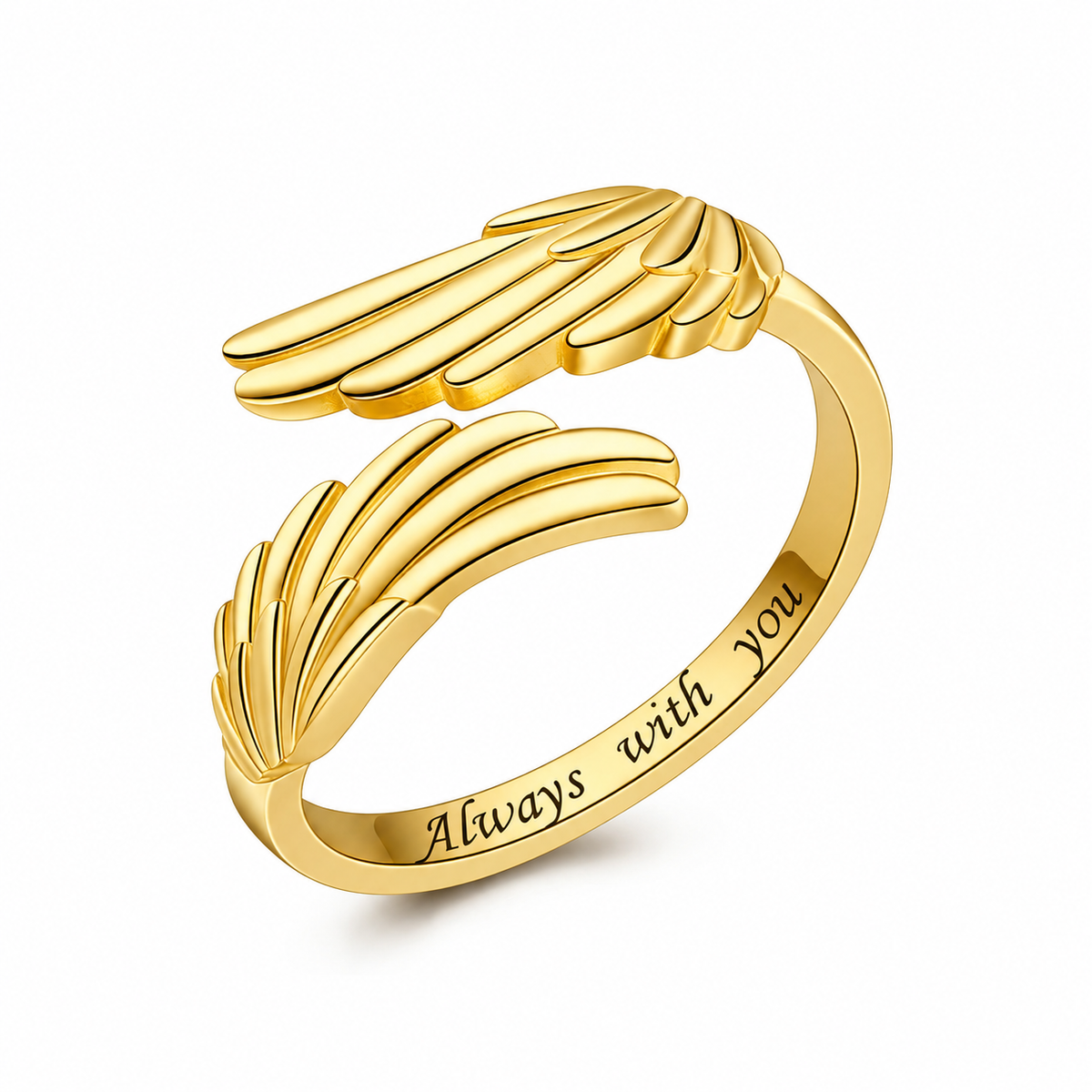 Guardian Angel Wing Open Ring, Engraved "Always With You" Adjustable Ring, Sentimental Inspirational Jewelry Gift