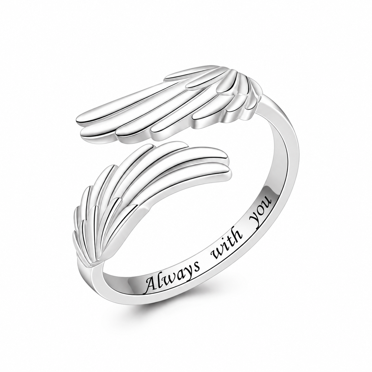 Guardian Angel Wing Open Ring, Engraved "Always With You" Adjustable Ring, Sentimental Inspirational Jewelry Gift