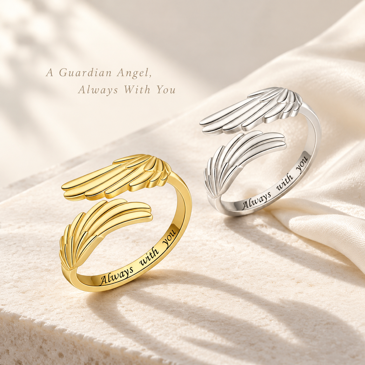 Guardian Angel Wing Open Ring, Engraved "Always With You" Adjustable Ring, Sentimental Inspirational Jewelry Gift