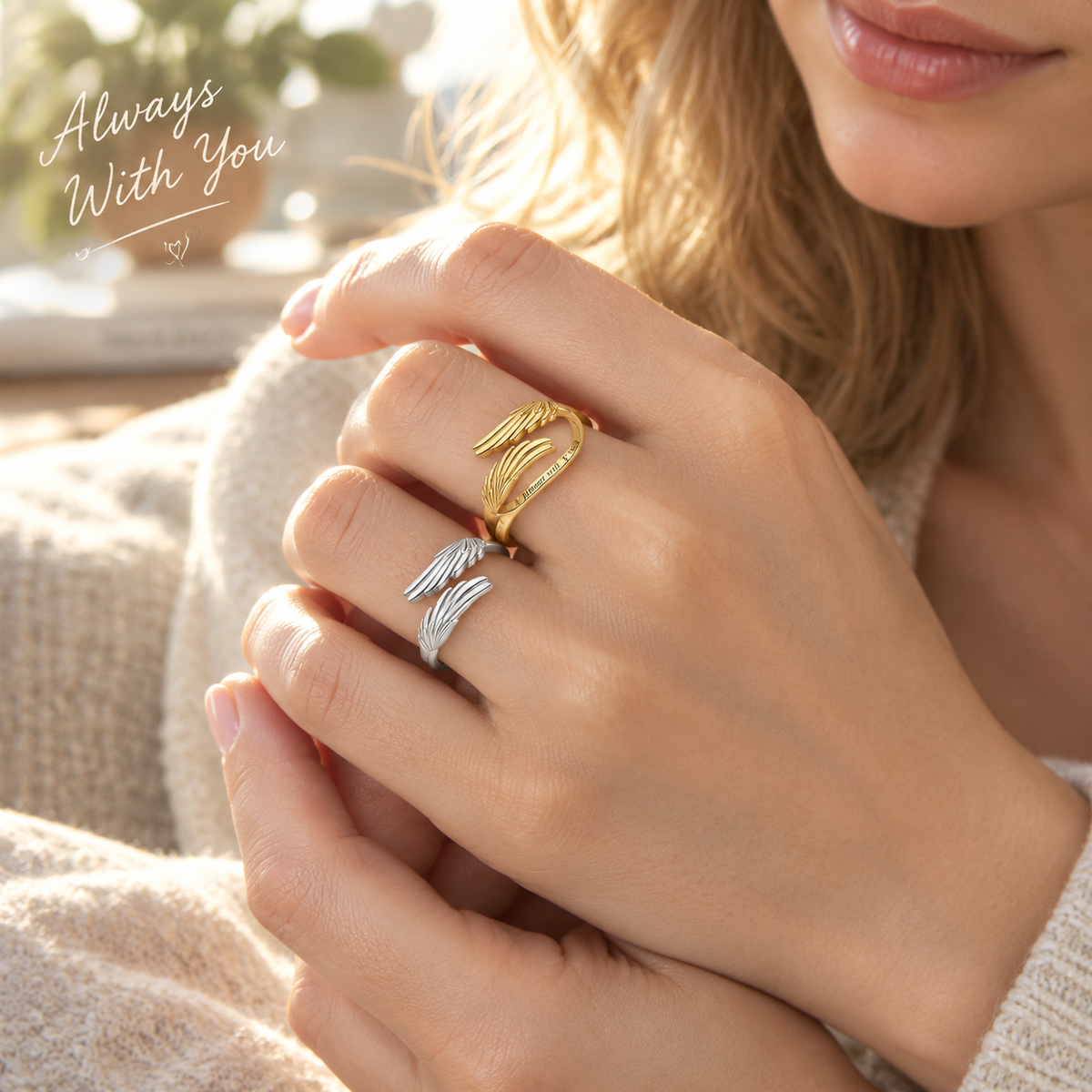 Guardian Angel Wing Open Ring, Engraved "Always With You" Adjustable Ring, Sentimental Inspirational Jewelry Gift