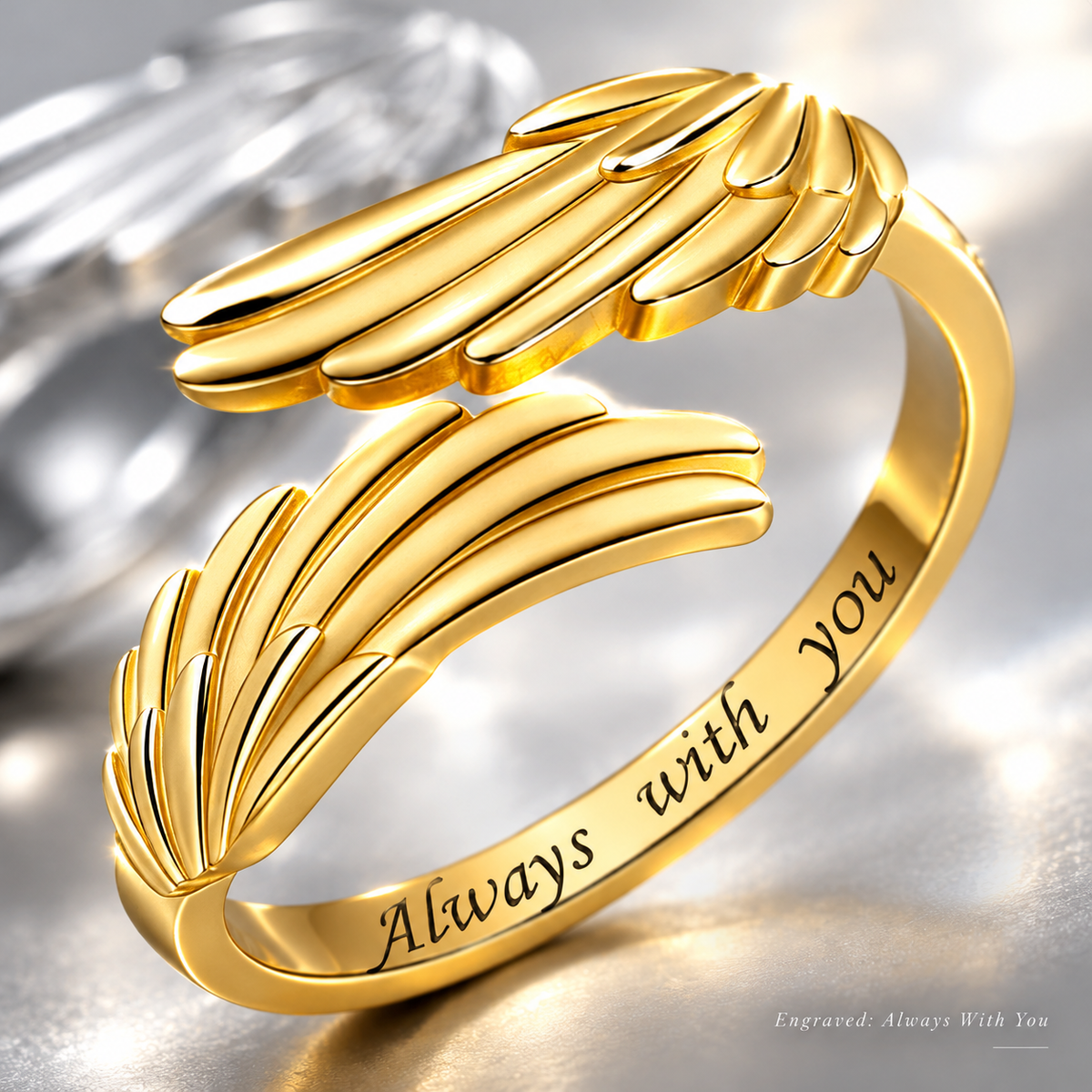 Guardian Angel Wing Open Ring, Engraved "Always With You" Adjustable Ring, Sentimental Inspirational Jewelry Gift