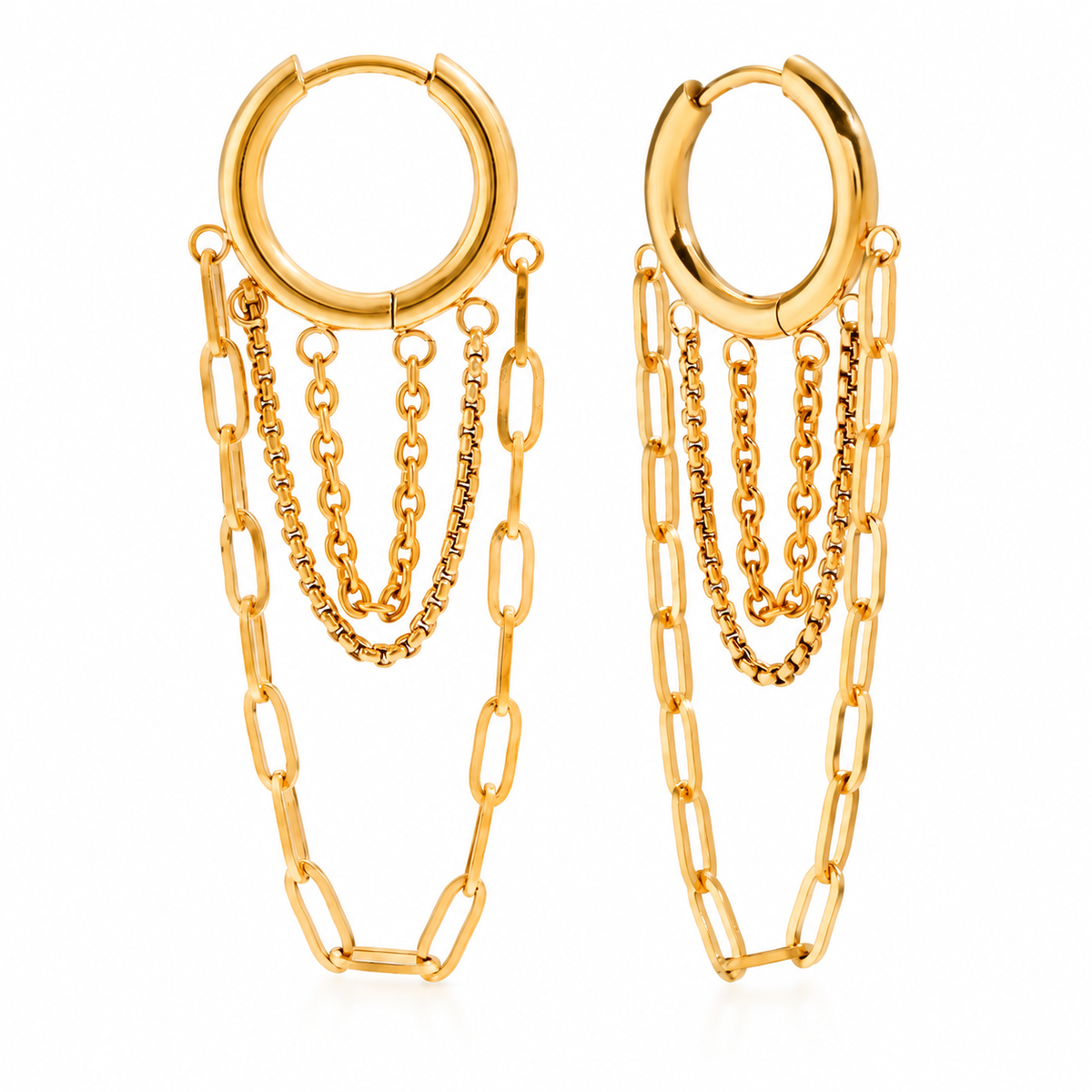 Waterproof Stainless Steel Multi-Layer Chain Tassel Huggie Hoop Earrings, Gold & Silver Tone Dangle Chain Drop Earrings, Punk Statement Jewelry for Women