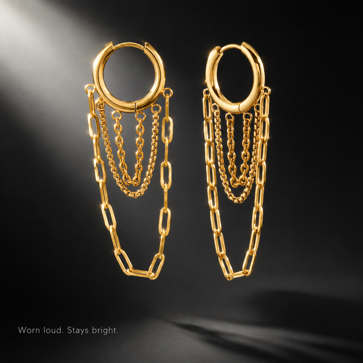 Waterproof Stainless Steel Multi-Layer Chain Tassel Huggie Hoop Earrings, Gold & Silver Tone Dangle Chain Drop Earrings, Punk Statement Jewelry for Women