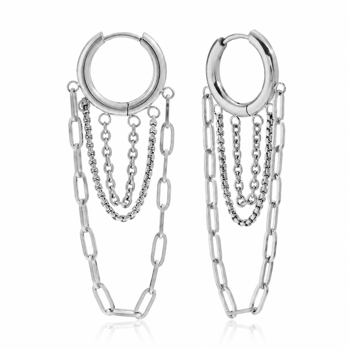 Waterproof Stainless Steel Multi-Layer Chain Tassel Huggie Hoop Earrings, Gold & Silver Tone Dangle Chain Drop Earrings, Punk Statement Jewelry for Women