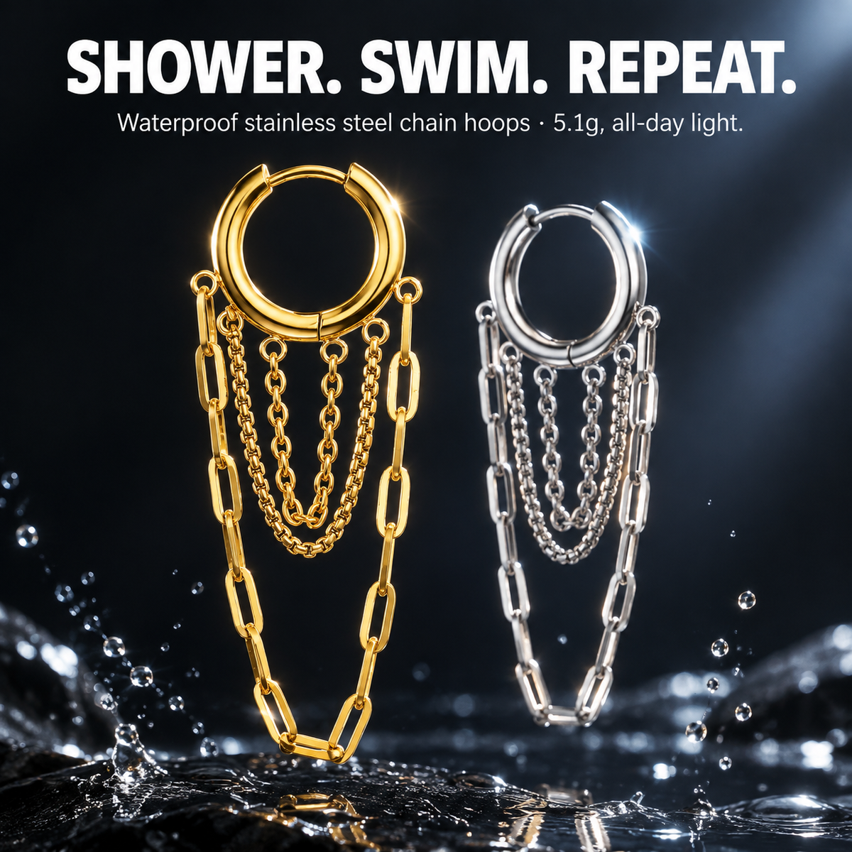 Waterproof Stainless Steel Multi-Layer Chain Tassel Huggie Hoop Earrings, Gold & Silver Tone Dangle Chain Drop Earrings, Punk Statement Jewelry for Women
