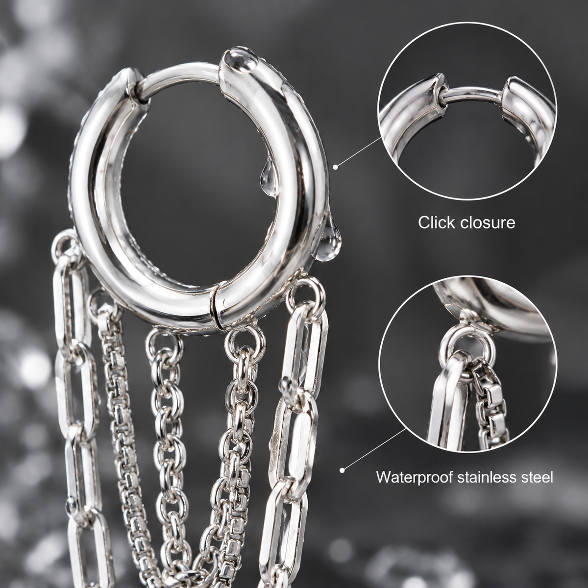 Waterproof Stainless Steel Multi-Layer Chain Tassel Huggie Hoop Earrings, Gold & Silver Tone Dangle Chain Drop Earrings, Punk Statement Jewelry for Women