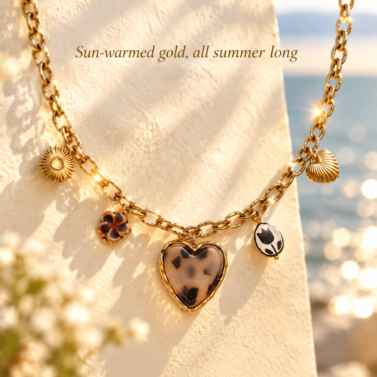 Vintage Heart Charm Necklace, 2 Styles Leopard Print & Hammered Heart Pendant, Gold Plated Chunky Chain Statement Necklace for Women