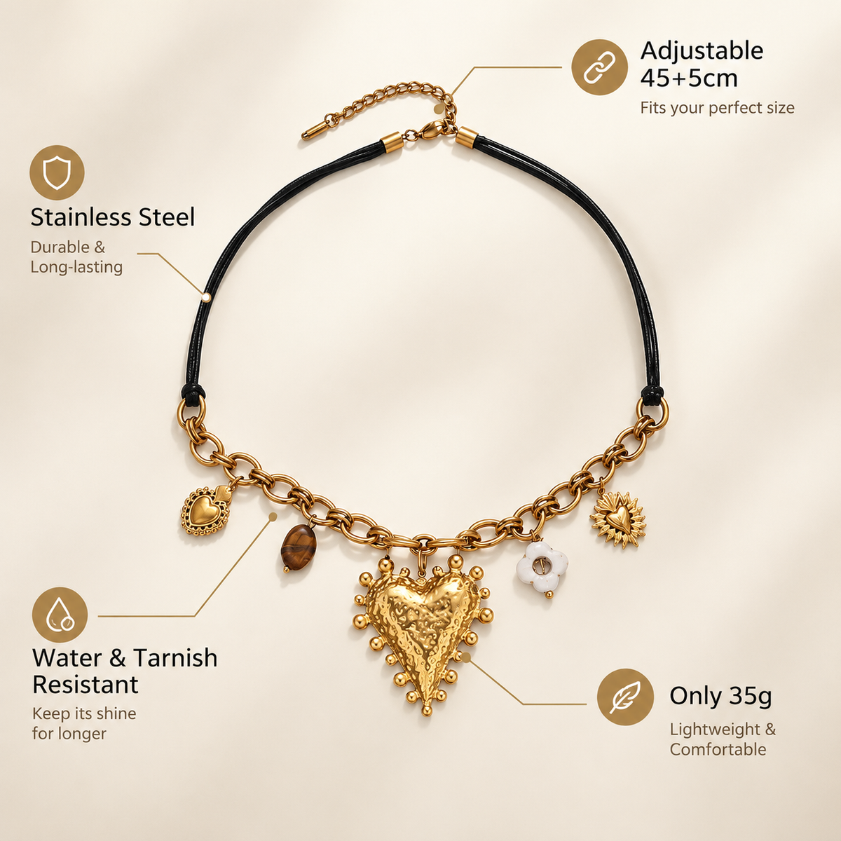 Vintage Heart Charm Necklace, 2 Styles Leopard Print & Hammered Heart Pendant, Gold Plated Chunky Chain Statement Necklace for Women