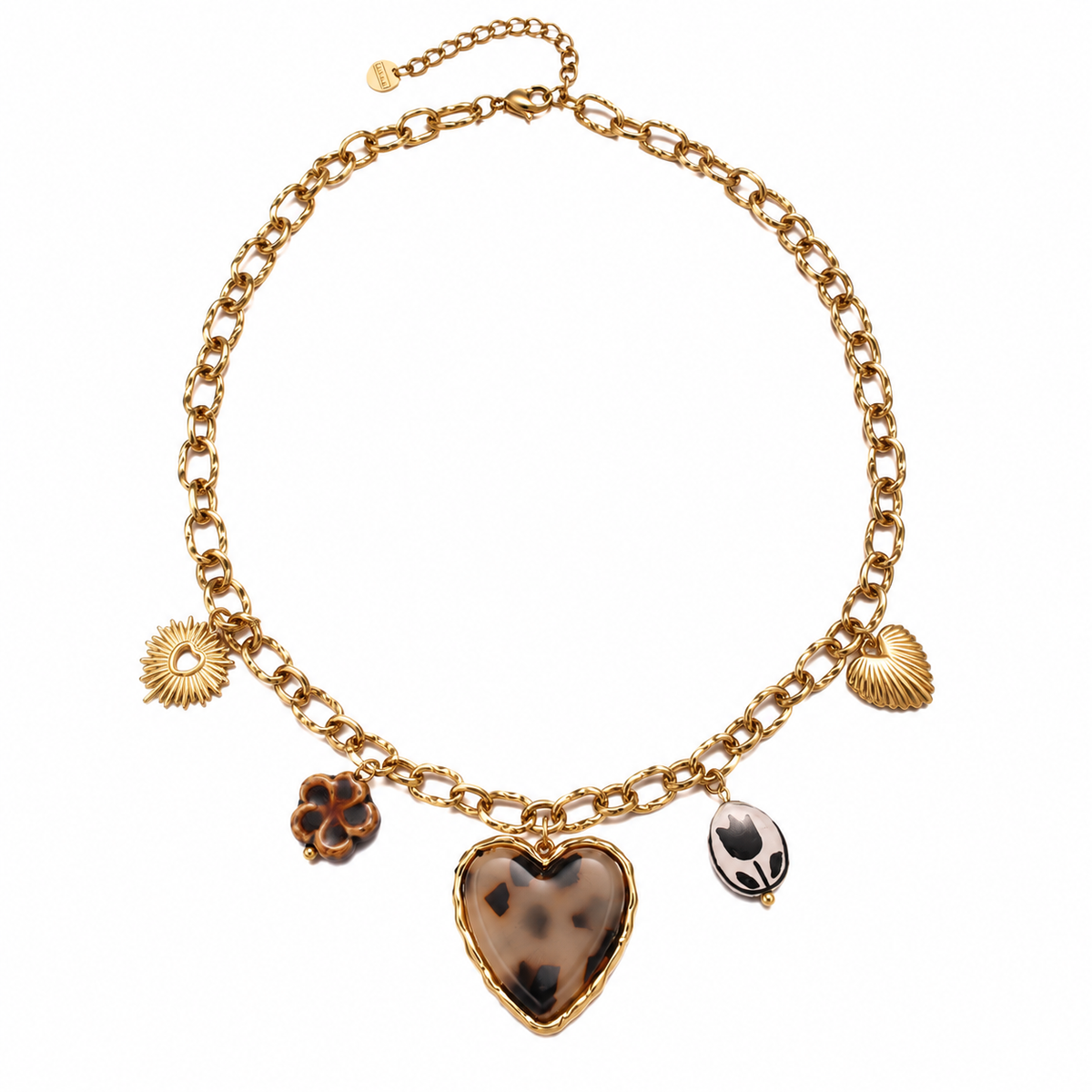 Vintage Heart Charm Necklace, 2 Styles Leopard Print & Hammered Heart Pendant, Gold Plated Chunky Chain Statement Necklace for Women
