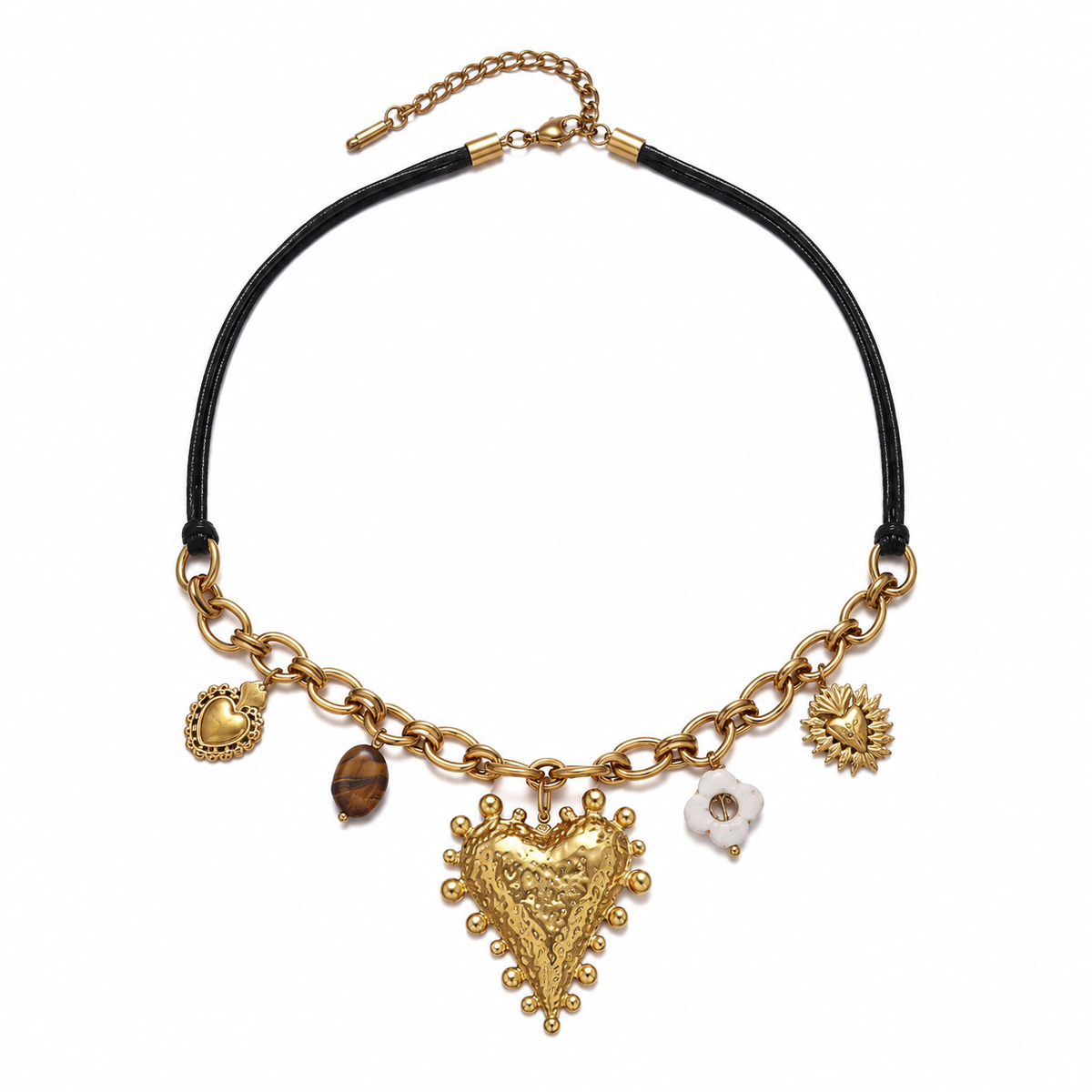 Vintage Heart Charm Necklace, 2 Styles Leopard Print & Hammered Heart Pendant, Gold Plated Chunky Chain Statement Necklace for Women