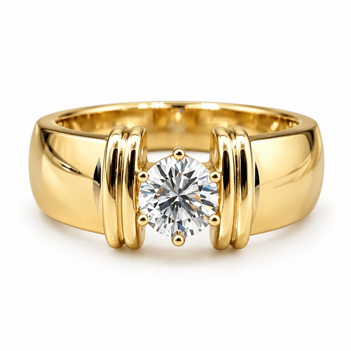 Gold Wide Band Solitaire Ring, Statement CZ Crystal Ring, Bold Chunky Gold Plated Ring for Men Women, Trendy Fashion Jewelry Gift