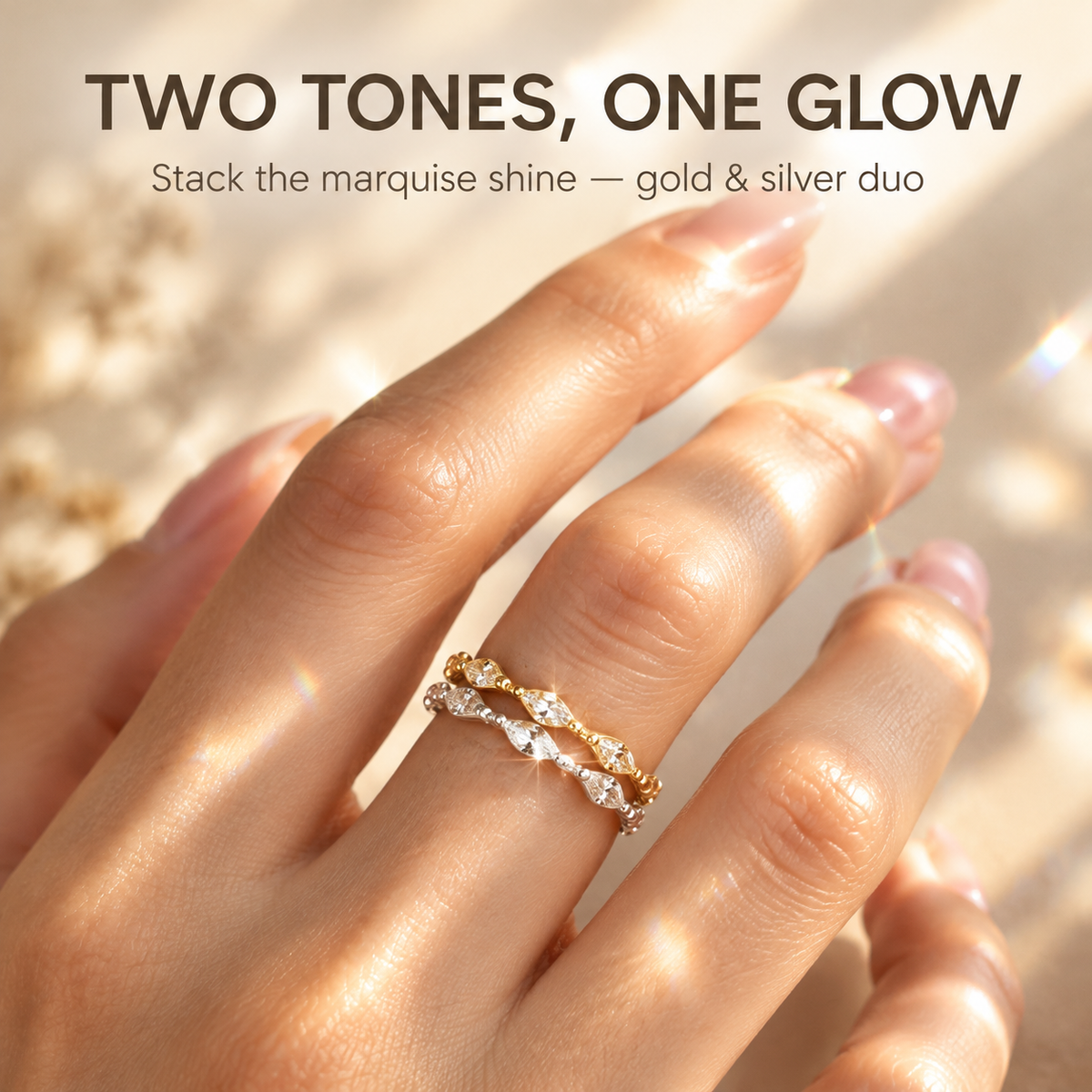 Two Tone Stackable Ring Set, Marquise CZ Crystal Thin Band Rings, Gold & Silver Plated Dainty Stacking Rings for Women, Trendy Fashion Jewelry