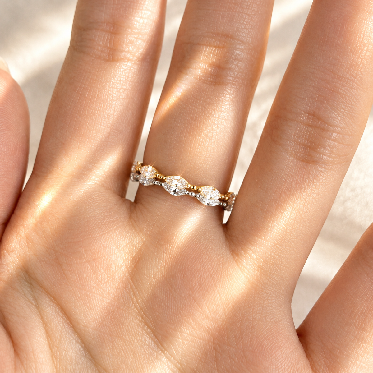 Two Tone Stackable Ring Set, Marquise CZ Crystal Thin Band Rings, Gold & Silver Plated Dainty Stacking Rings for Women, Trendy Fashion Jewelry