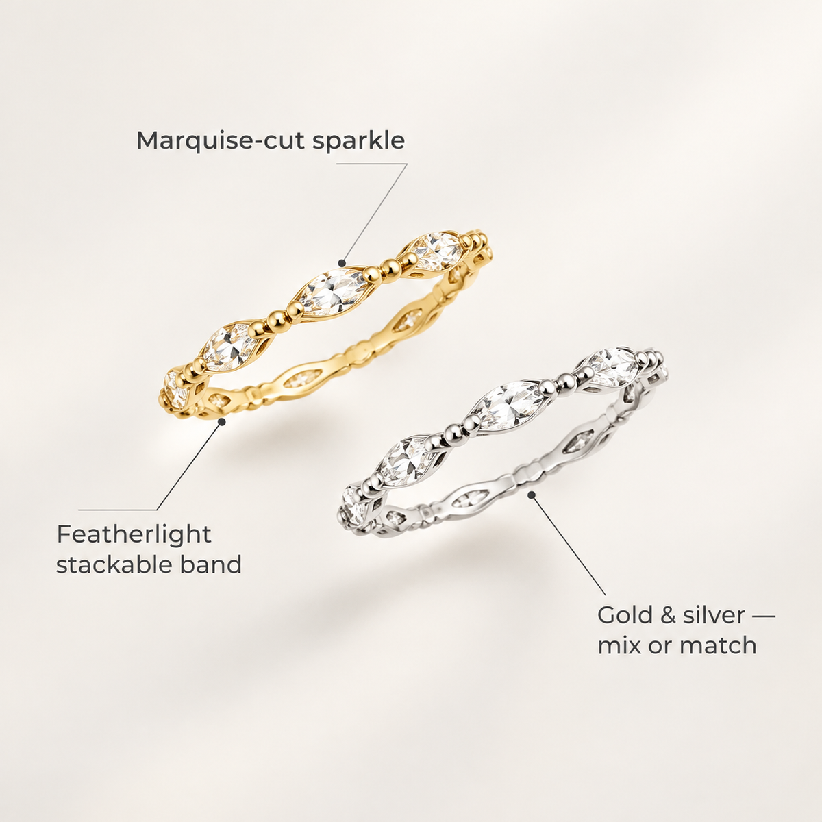 Two Tone Stackable Ring Set, Marquise CZ Crystal Thin Band Rings, Gold & Silver Plated Dainty Stacking Rings for Women, Trendy Fashion Jewelry