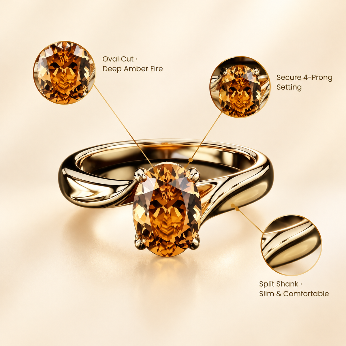 Gold Plated Oval Amber CZ Solitaire Ring, Dainty Yellow Crystal Statement Ring, Elegant Everyday Fashion Ring for Women, Jewelry Gift