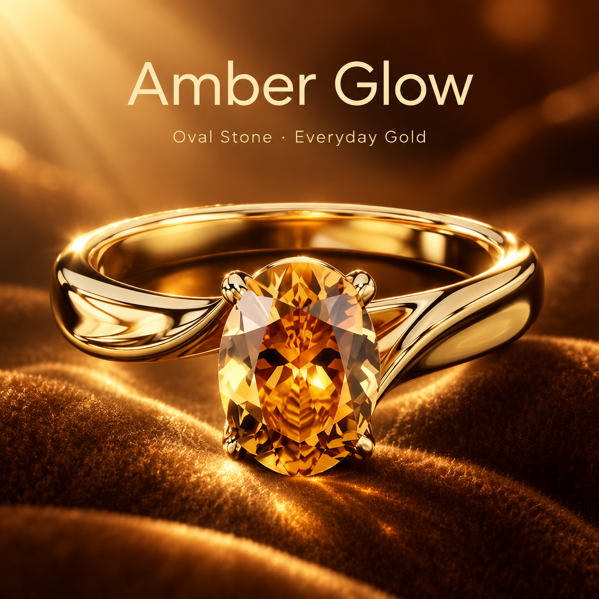 Gold Plated Oval Amber CZ Solitaire Ring, Dainty Yellow Crystal Statement Ring, Elegant Everyday Fashion Ring for Women, Jewelry Gift