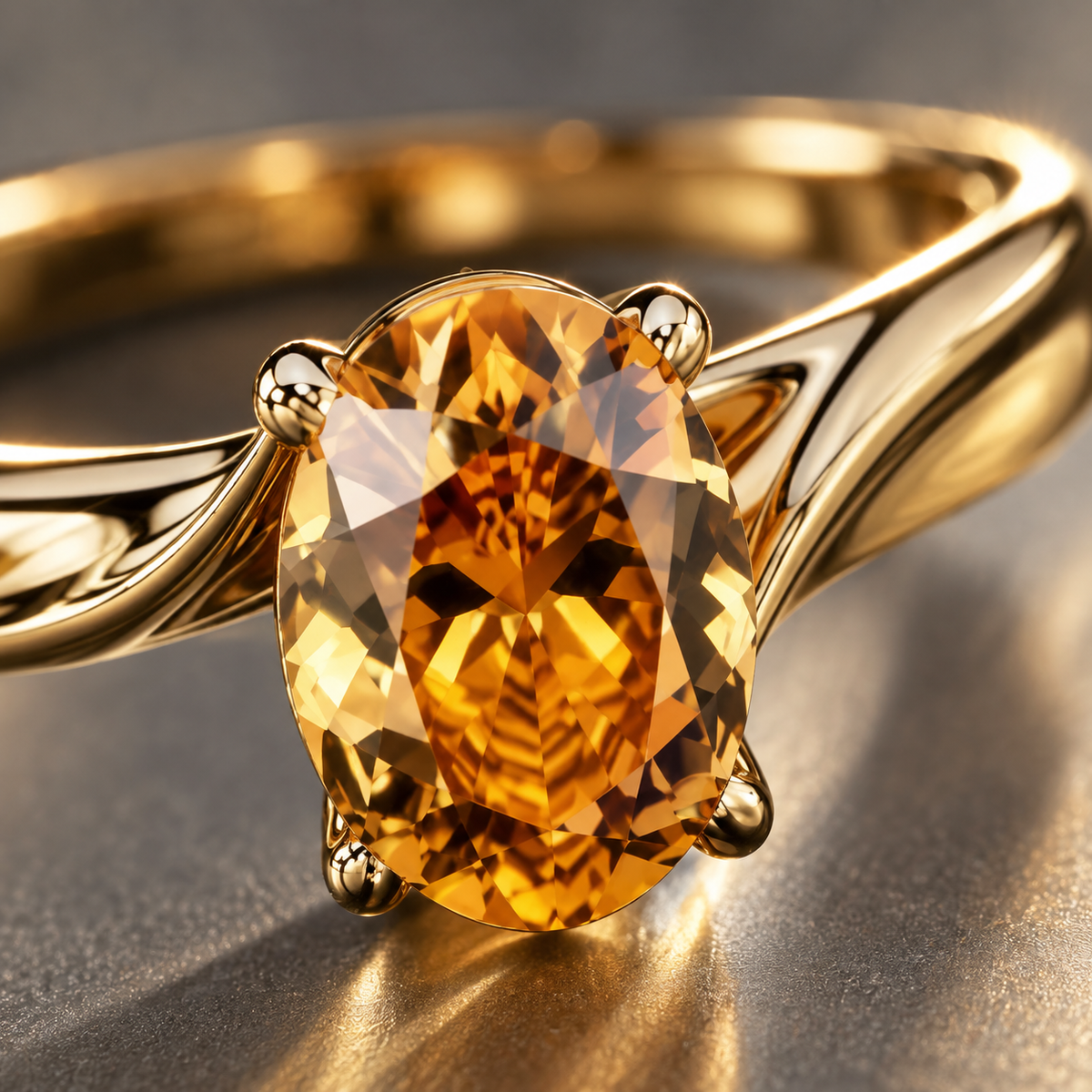 Gold Plated Oval Amber CZ Solitaire Ring, Dainty Yellow Crystal Statement Ring, Elegant Everyday Fashion Ring for Women, Jewelry Gift