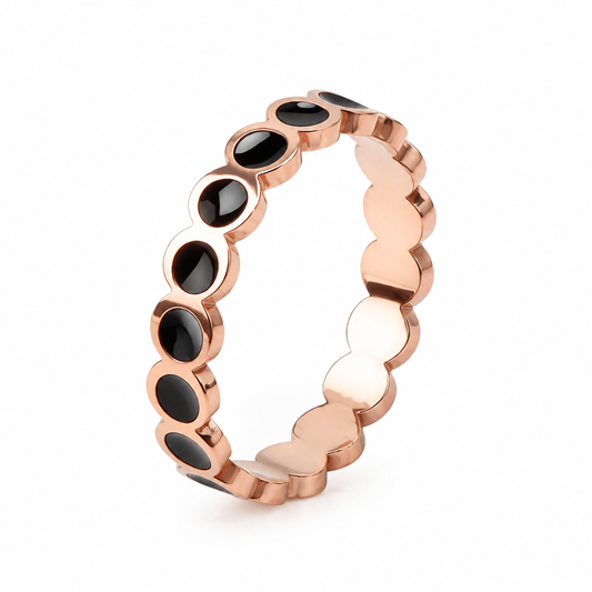 Rose Gold Band Ring with Black Stone Inlays, Curved Stackable Eternity Ring, Trendy Geometric Fashion Ring for Women, Modern Statement Jewelry