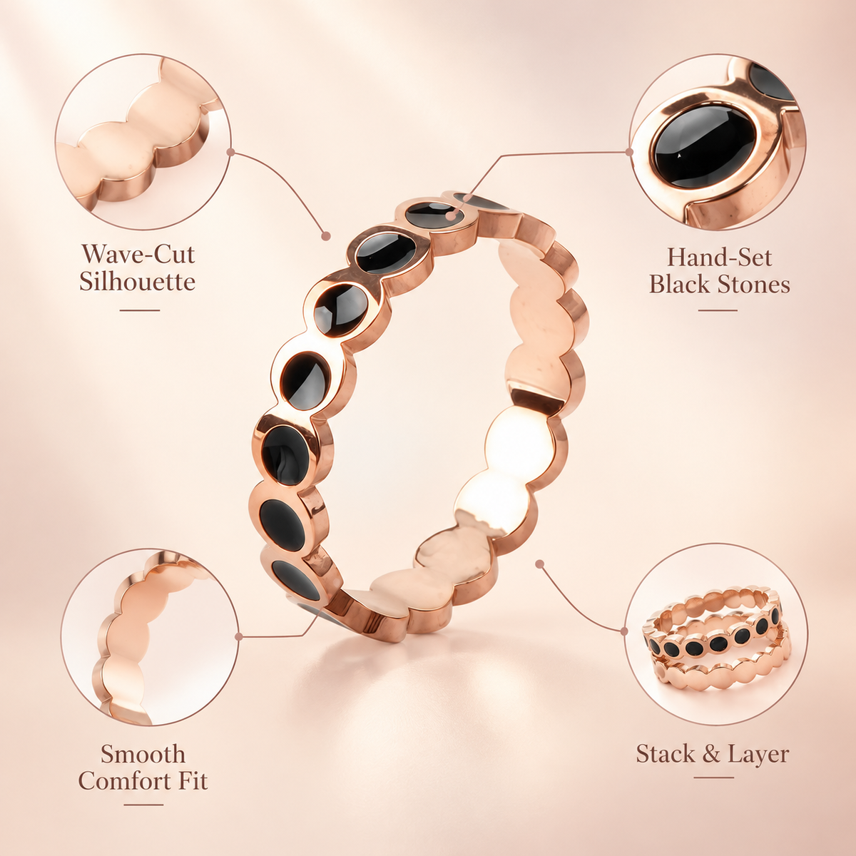 Rose Gold Band Ring with Black Stone Inlays, Curved Stackable Eternity Ring, Trendy Geometric Fashion Ring for Women, Modern Statement Jewelry