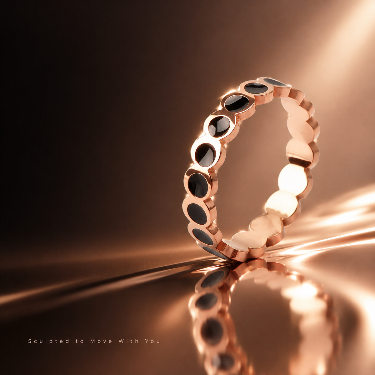 Rose Gold Band Ring with Black Stone Inlays, Curved Stackable Eternity Ring, Trendy Geometric Fashion Ring for Women, Modern Statement Jewelry