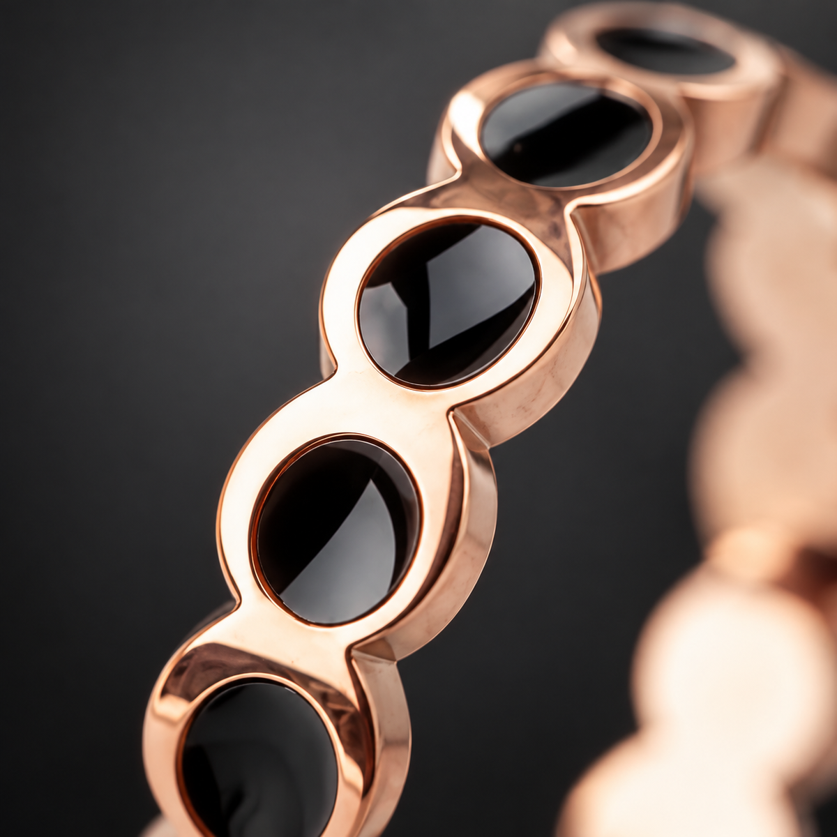 Rose Gold Band Ring with Black Stone Inlays, Curved Stackable Eternity Ring, Trendy Geometric Fashion Ring for Women, Modern Statement Jewelry