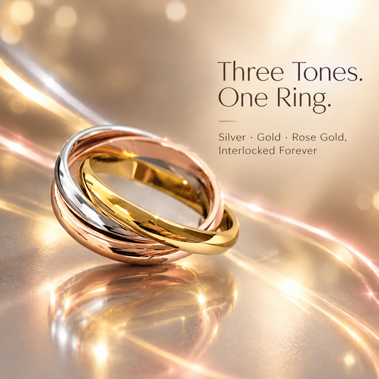 Three Tone Interlocked Rolling Ring, Gold Silver Rose Gold Trinity Band Ring, Classic Triple Intertwined Ring, Unisex Fashion Stackable Jewelry Gift