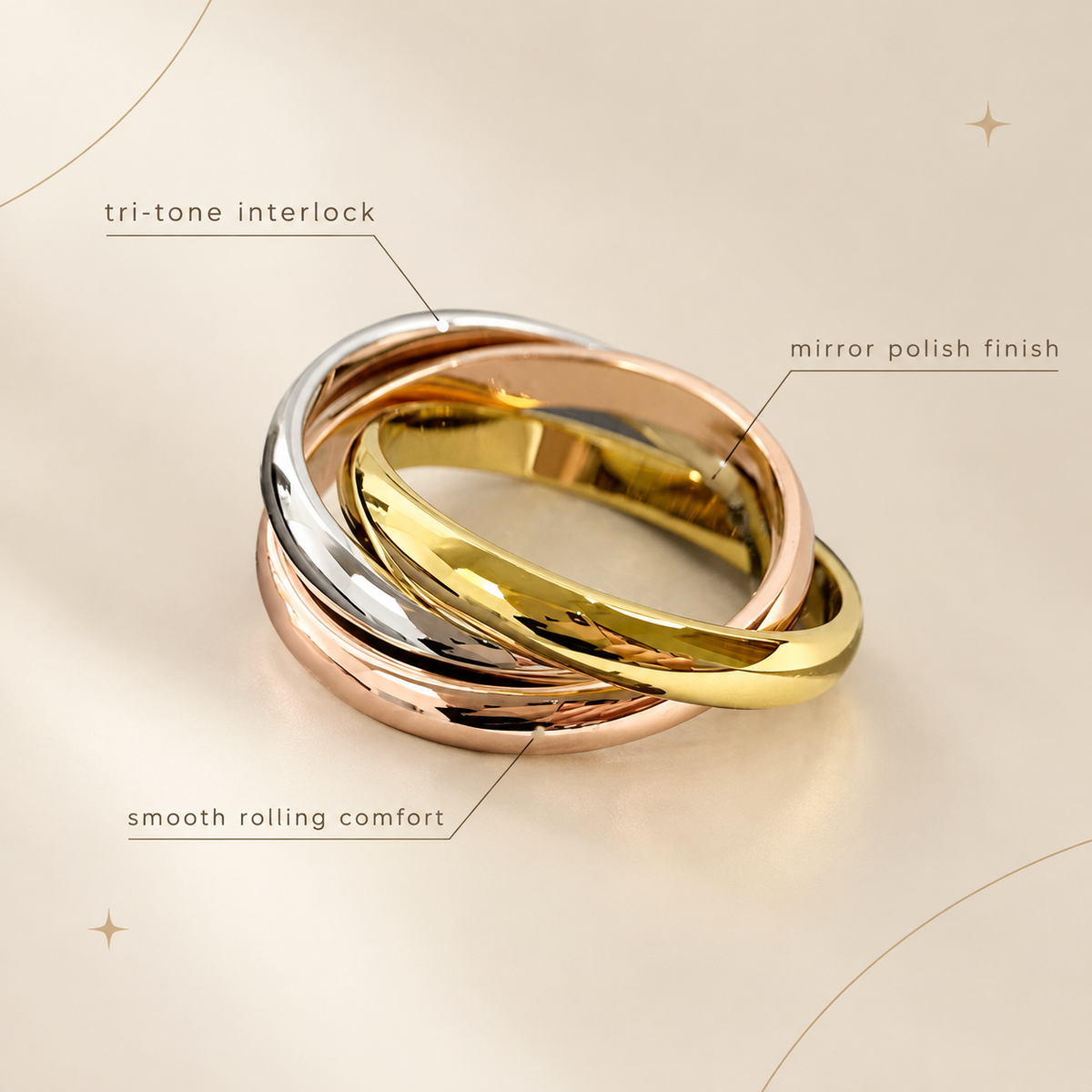 Three Tone Interlocked Rolling Ring, Gold Silver Rose Gold Trinity Band Ring, Classic Triple Intertwined Ring, Unisex Fashion Stackable Jewelry Gift