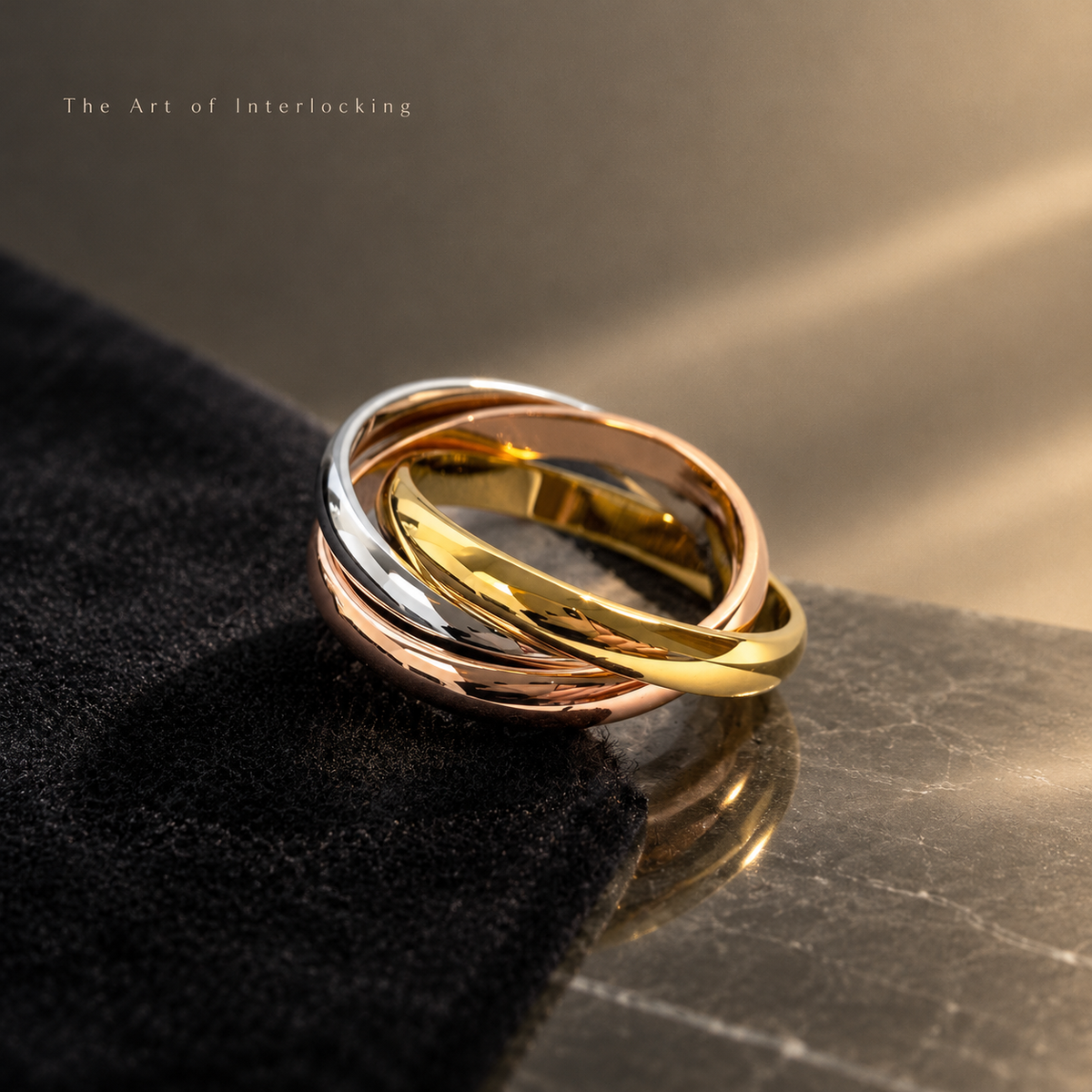 Three Tone Interlocked Rolling Ring, Gold Silver Rose Gold Trinity Band Ring, Classic Triple Intertwined Ring, Unisex Fashion Stackable Jewelry Gift
