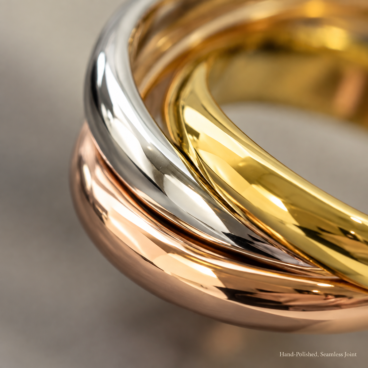 Three Tone Interlocked Rolling Ring, Gold Silver Rose Gold Trinity Band Ring, Classic Triple Intertwined Ring, Unisex Fashion Stackable Jewelry Gift