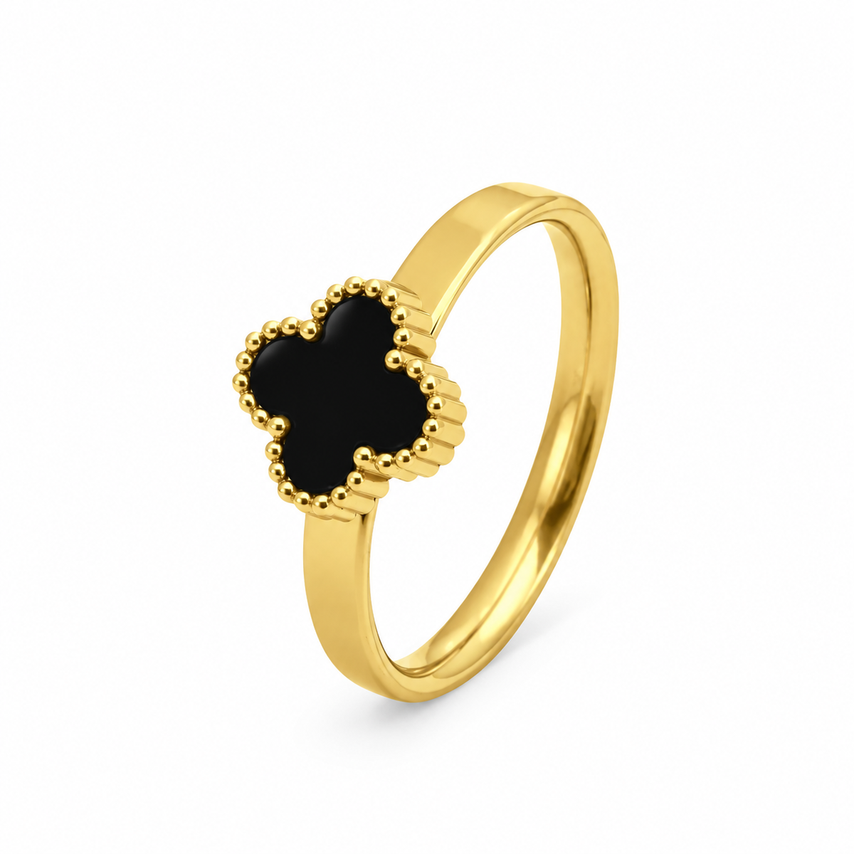 Black Enamel Clover Ring, Dainty Four Leaf Clover Band Ring, Gold & Silver Plated Minimalist Fashion Ring for Women, Trendy Everyday Jewelry Gift