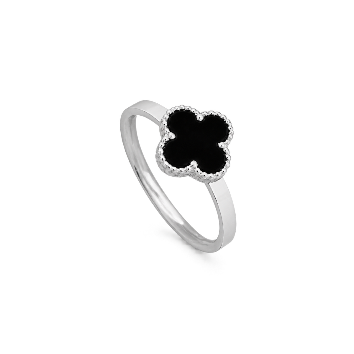 Black Enamel Clover Ring, Dainty Four Leaf Clover Band Ring, Gold & Silver Plated Minimalist Fashion Ring for Women, Trendy Everyday Jewelry Gift