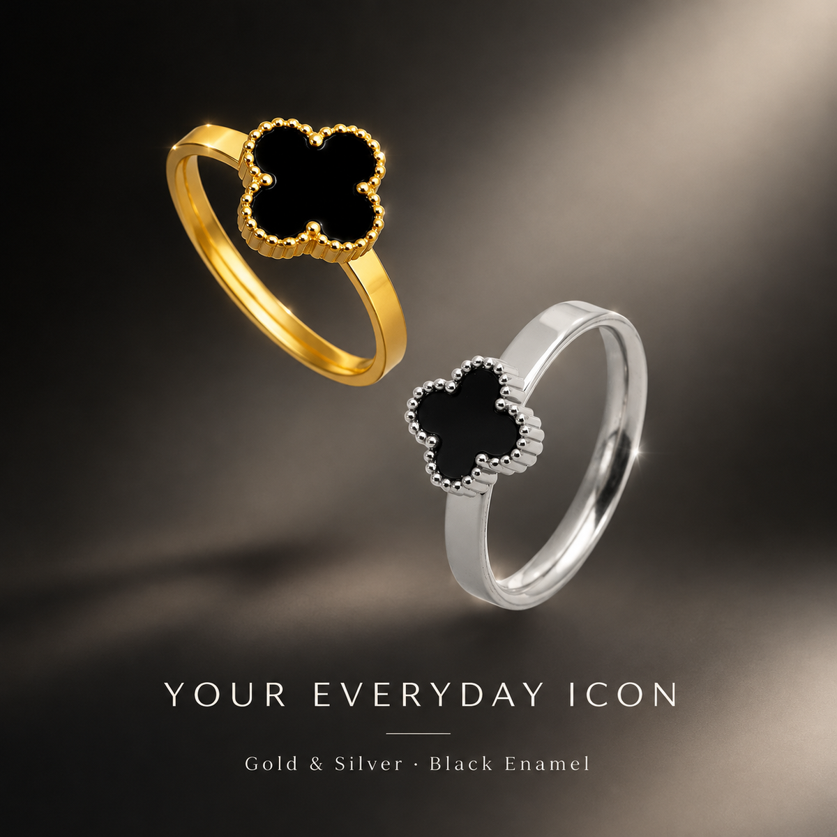 Black Enamel Clover Ring, Dainty Four Leaf Clover Band Ring, Gold & Silver Plated Minimalist Fashion Ring for Women, Trendy Everyday Jewelry Gift